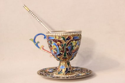 Russian Silver Cloisonné Enamel Tea Cup,Tea Sp