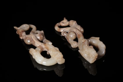Pair of Chinese Jade Carved Chilong Plaque