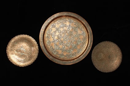 Three Middle East Silver Inlaid on Copper Plates