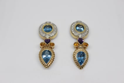 Pair of Elaborate Dangle Topaz and Gold Earrings