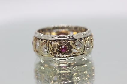 Vintage Two-tone Gold Band w Rubies and Diamonds
