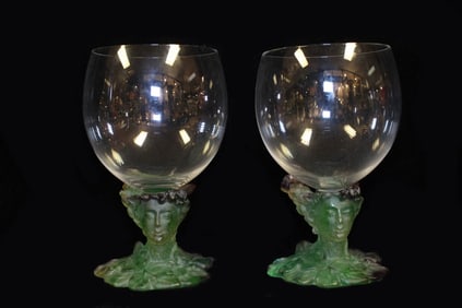 Pair of Elegant Wine Goblets w Figural