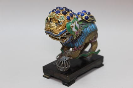 19th.C Chinese Filigree Silver Gilt Enamel Lion