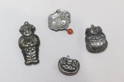 Four Vintage Chinese Silver Pendants or Charms Col