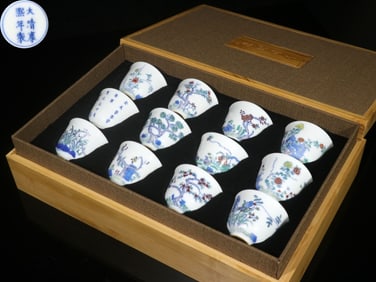 Chinese Hand Paint Doucai Porcelain Cups Set