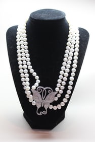 Multi-strand Pearl Necklace w a Butterfly Pendant