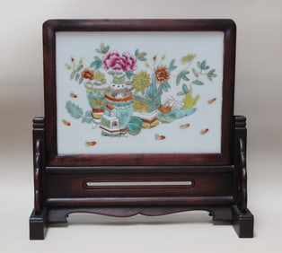 Chinese Wood Table Screen w Porcelain Plaque
