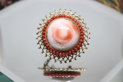 14K Gold and Coral Brooch