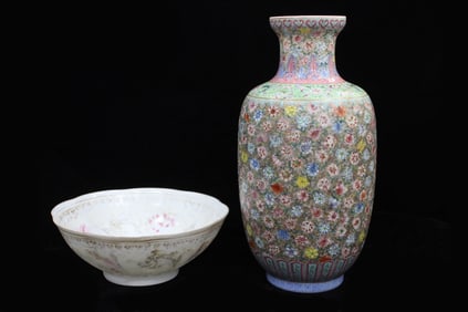 Chinese Famille Rose Porcelain Vase and Bowl