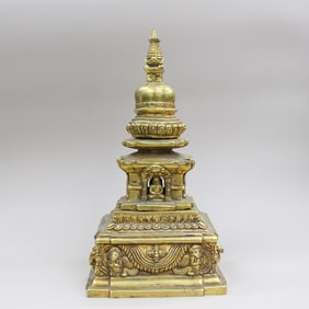 Tibetan Gilt Bronze Buddhist Stupa