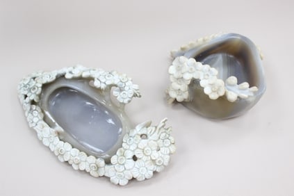 Two Intricately Agate Carved Flower Dish/Bowls