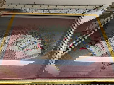 Chinese Hand Paint Fan w Peacock Feather