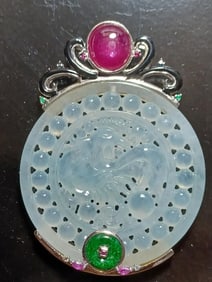 CHINESE Jade Carved Phoenix Pendant w Silver 925