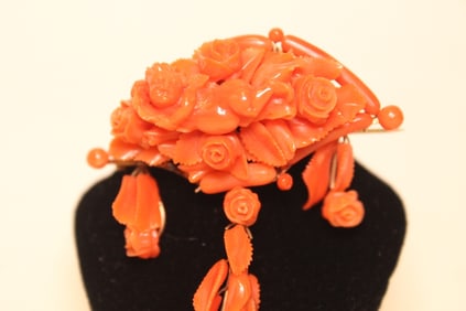Antique Red Coral Floral Brooch Pin w Cupid