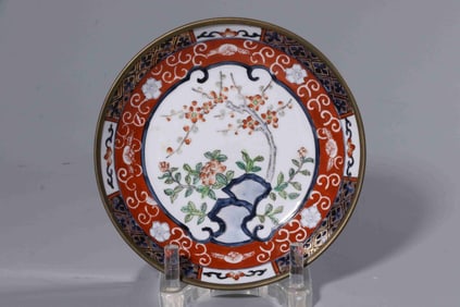 Chinese Wucai Porcelain Plate w Bronze Metal