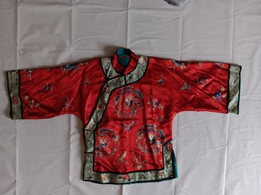 Antique  Chinese Red Silk Embroidered