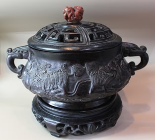 Chinese Wood Carved Incense Burner w Cover and Bas