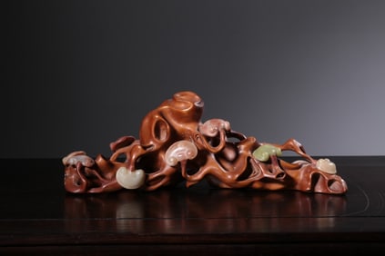 Chinese Huangyang Wood Brush Holder w Soapstone