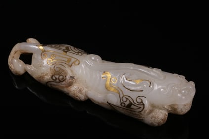 Chinese Jade Carved Beast w Gold Inlaid