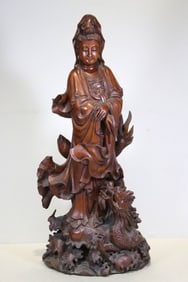 Chinese Huangyang Wood CArved Guanyin Statue
