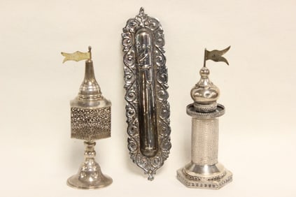 Sterling Silver Judaica Besamim Spice Box and Mezu