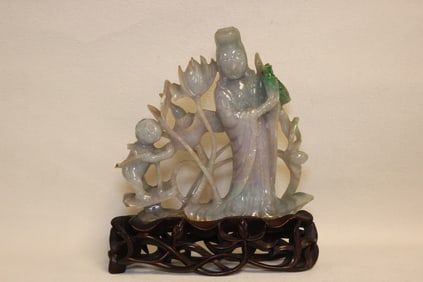 Chinese Jadeite Carved Guanyin and Boy