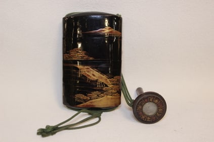 Japanese Lacquer Wood Inro Box w Compass
