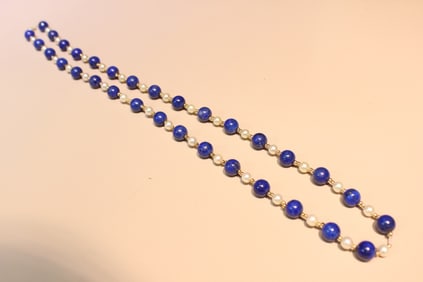 Lapiz and Pearls Beads Necklace with 14K