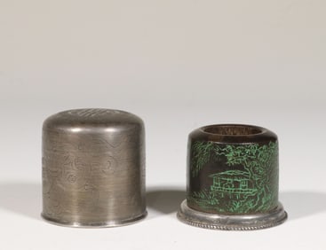 Chinese Wood Thumb Ring w Pewter Case