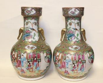 19th.C Chinese Rose Medallion Vases w Elephant Han