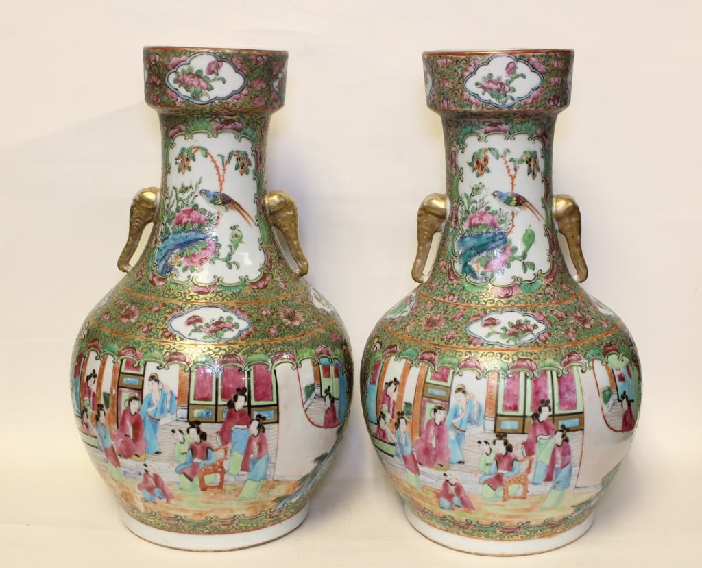 19th.C Chinese Rose Medallion Vases w Elephant Han: Pair of 19th.C Chinese Rose Medallion Vases w Elephant Handle. Dimension: 13 1/2" H Provenance : From a Long Island ,NY Private Collector
