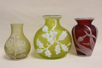 Three Vintage Cameo Art Glass Vases
