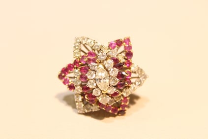 Exquisite Ruby and Diamond 14K Gold Star-Motif Ring