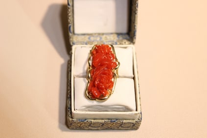A Vintage hand-carved red Coral 14K Gold Ring