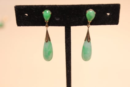 Pair of 14K Gold Chinese Green Jadeite Earring Set