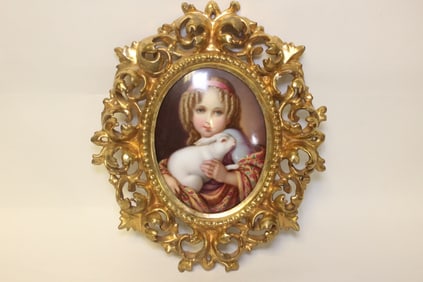 Vintage Oval Portrait Plaque of a young girl holding a white rabbit