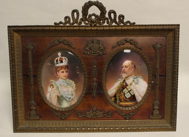 antique, ornate double-portrait frame featuring miniature portraits of King Edward VII and his conso