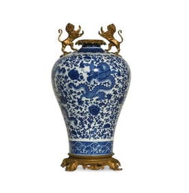 Chinese Blue and White Porcelain Vase w Bronze Mounted.