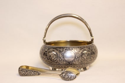 Antique Silver Sugar Bowl with Tongs