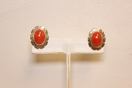 Pair of Vintage Gold and Coral Earring Set