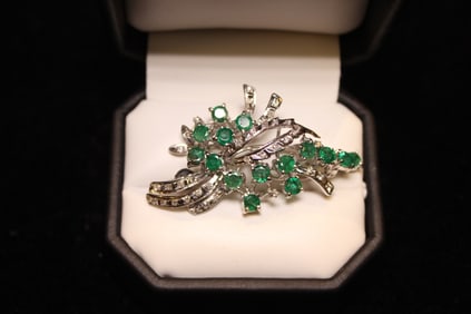 Vintage Green Emeralds and White Gold Brooch