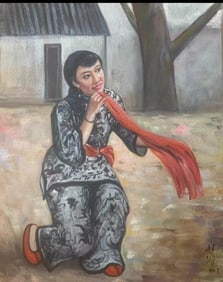 Oil on canvas, Xu Beihong, Girl with a Red Scarf,