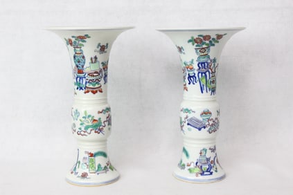 Pair of Chinese Doucai Porcelain"gu"or Beaker vases