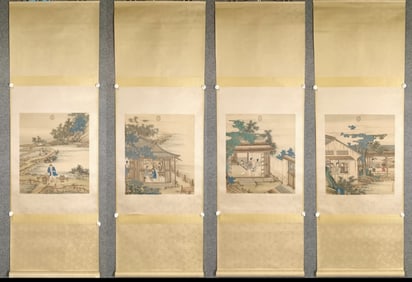 Chinese Ink Color Silk Painting Set w Calligraphy