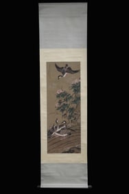 Chinese Ink Color Silk Painting Scroll,Bird&Flower