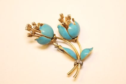 Vintage Enamel Diamnd and Gold Brooch Pin