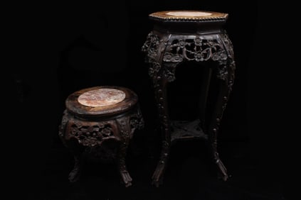 Two Chinese Wood Stands with Marble Top Inlaid