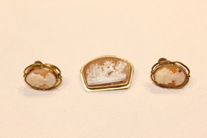 Vintage Italian Cameo Brooch and Earring Set