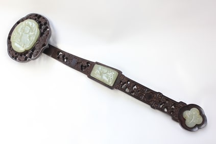 A Chinese Wooden Ruyi w Jade Inlaid