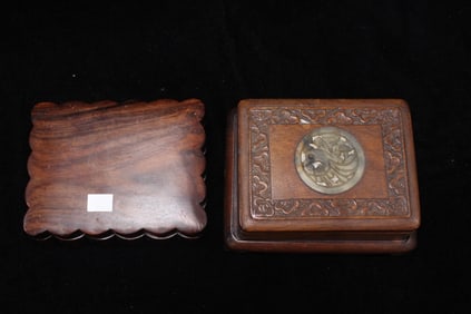 Two Chinese Hongmu Wood Box w Jade,Republic